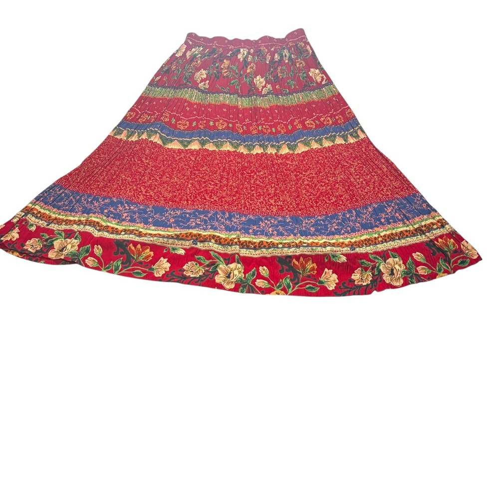 Stonebridge Floral Tiered Maxi Skirt XL Red Boho Crinkle Broomstick Mixed Print - Picture 3 of 6